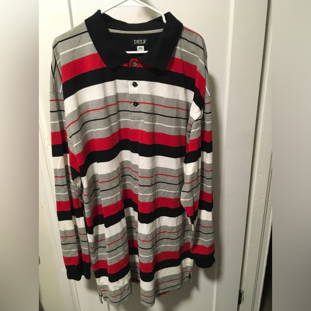 DELF Men's Polo Shirt - Red, Black, Gray Stripes